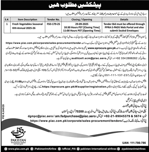Pakistan International Airlines Karachi Tender Notice